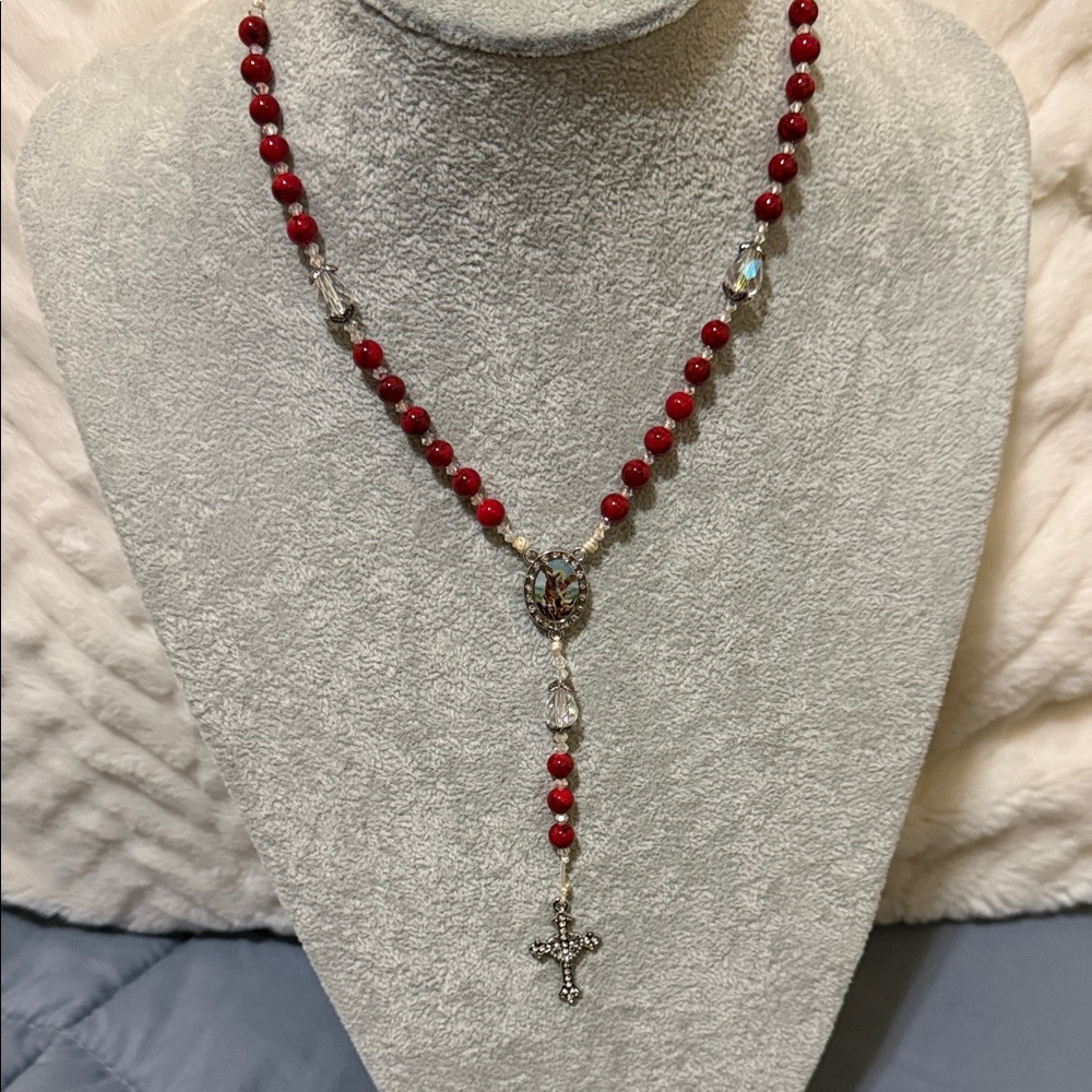 Mini Car Rosary/Necklace Red Beads with Cross Pendant